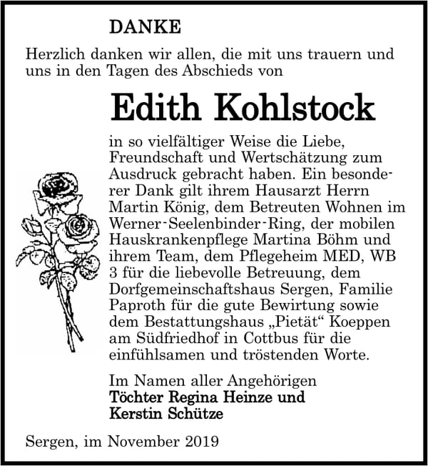 Danksagung Edith Kohlstock