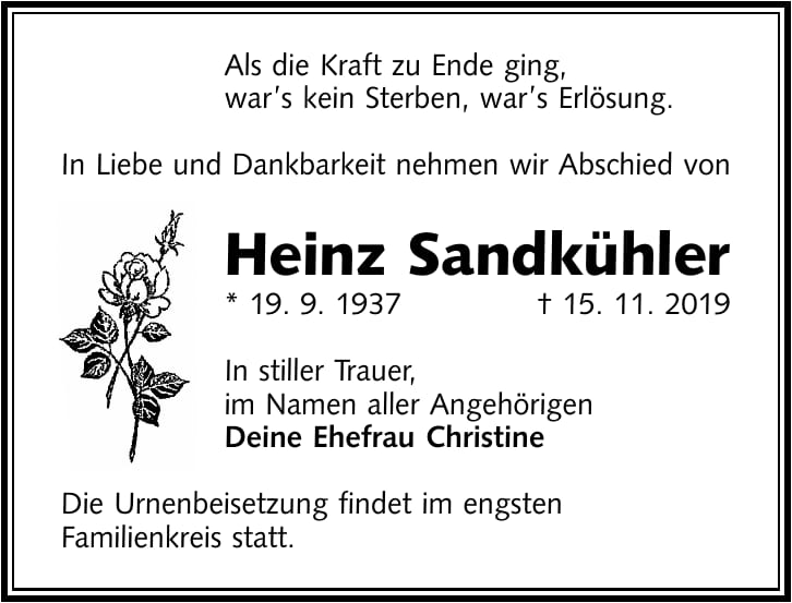 Traueranzeige Heinz Sandkühler