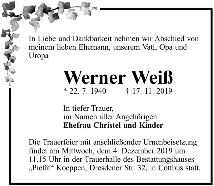 Traueranzeige Werner Weiß