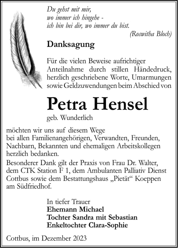 Danksagung Petra Hensel, geb. Wunderlich