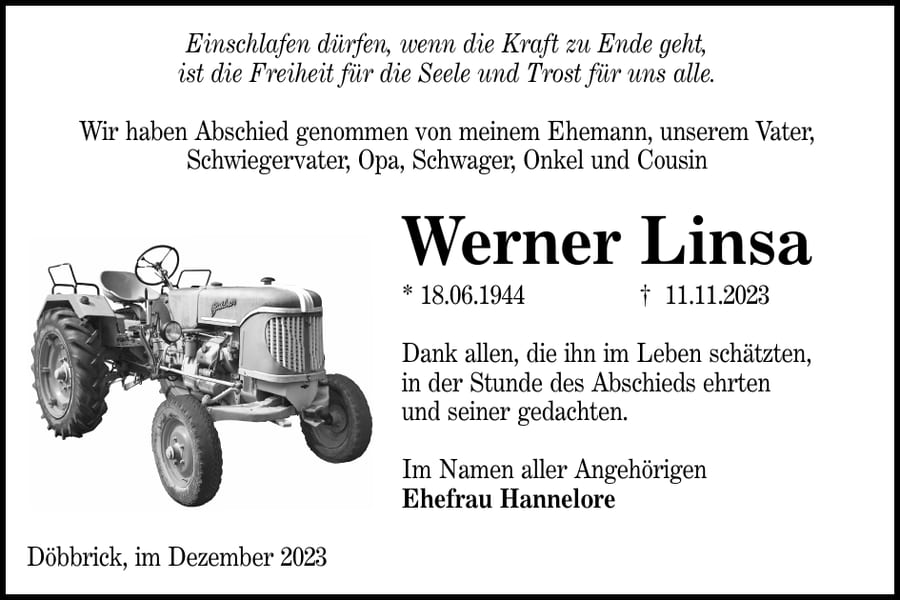 Traueranzeige Werner Linsa