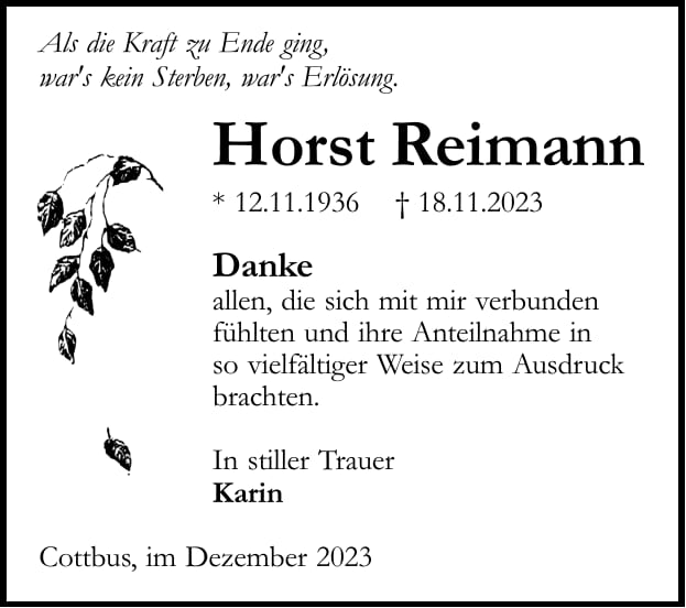 Danksagung Horst Reimann