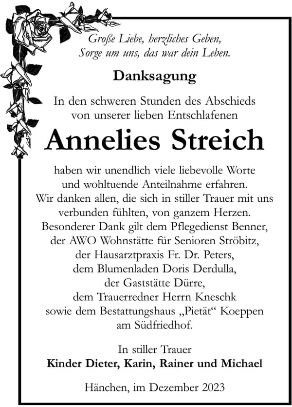 Danksagung Annelies Streich