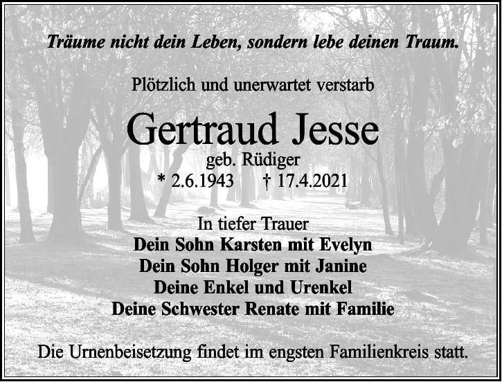 Traueranzeige Gertraud Jesse, geb. Rüdiger