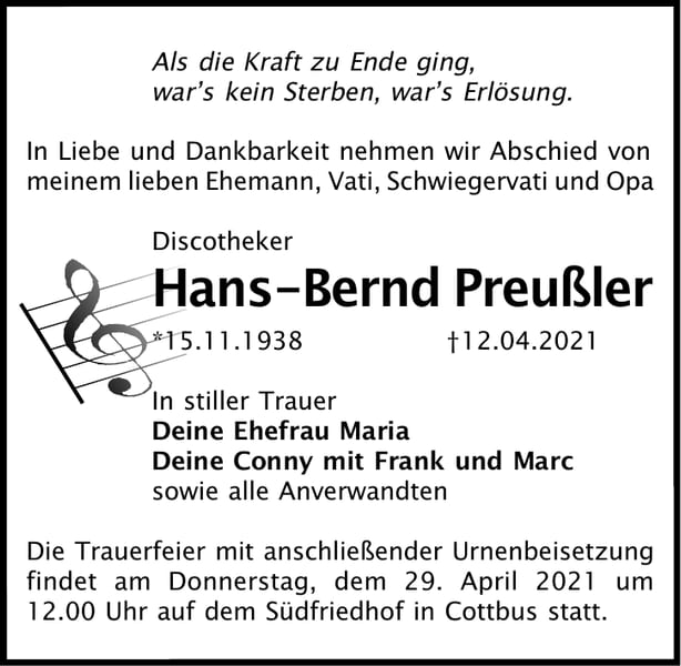 Traueranzeige Hans-Bernd Preußler