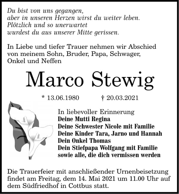 Traueranzeige Marco Stewig