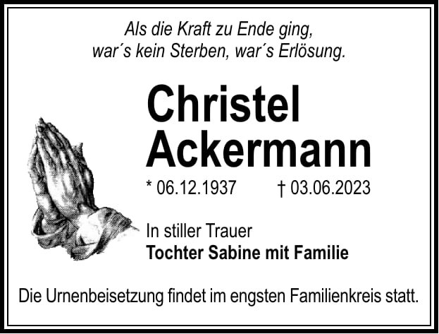 Traueranzeige Christel Ackermann