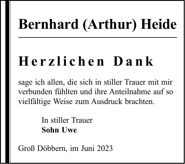 Danksagung Bernhard (Arthur) Heide