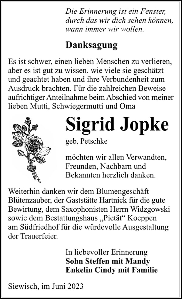 Danksagung Sigrid Jopke, geb. Petschke
