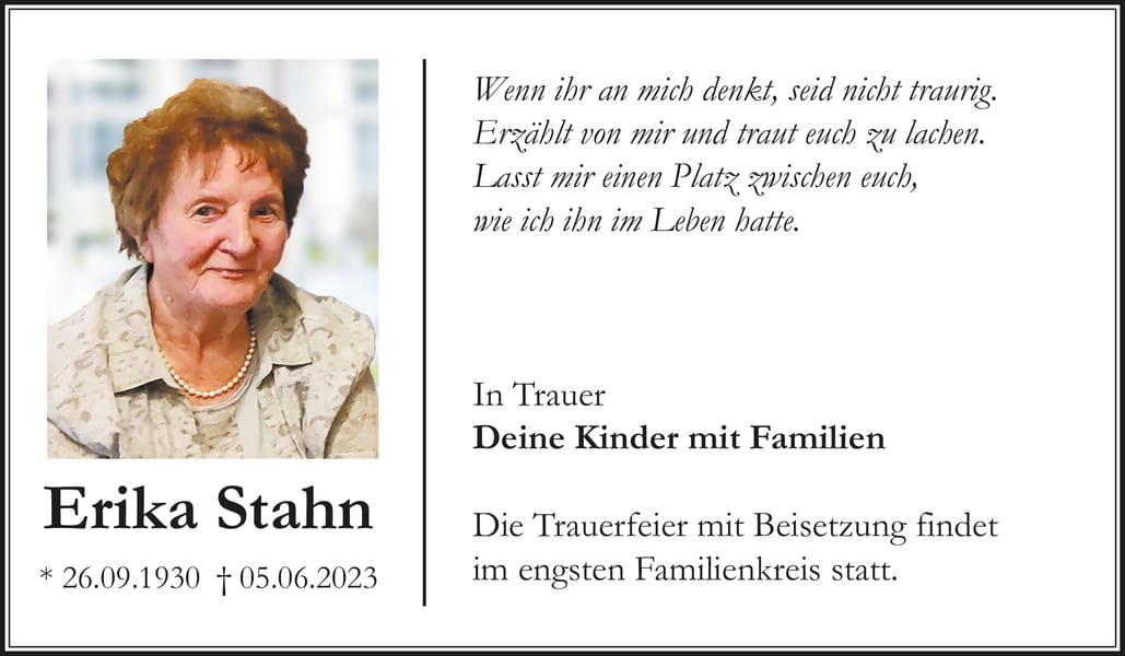 Traueranzeige Erika Stahn