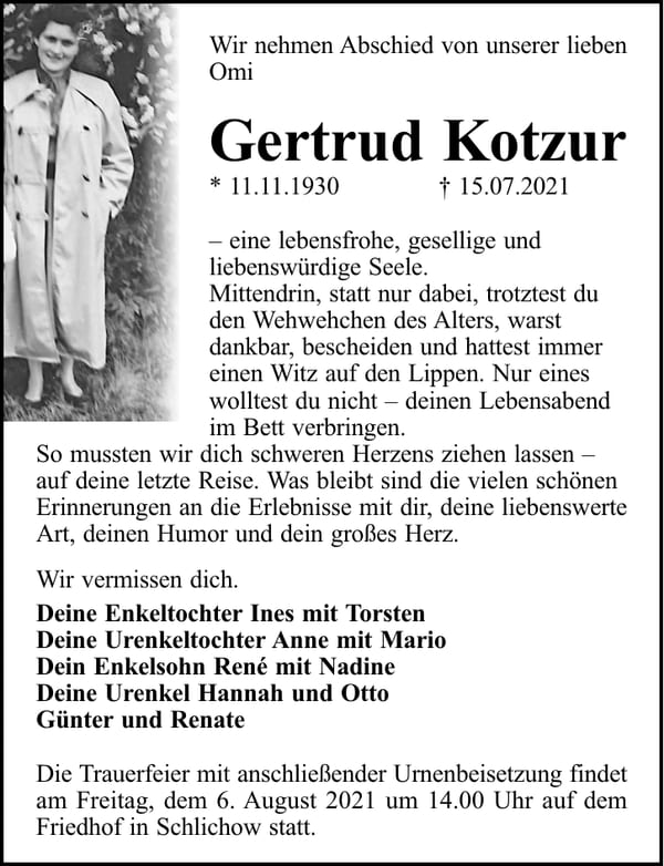 Traueranzeige Gertrud Kotzur