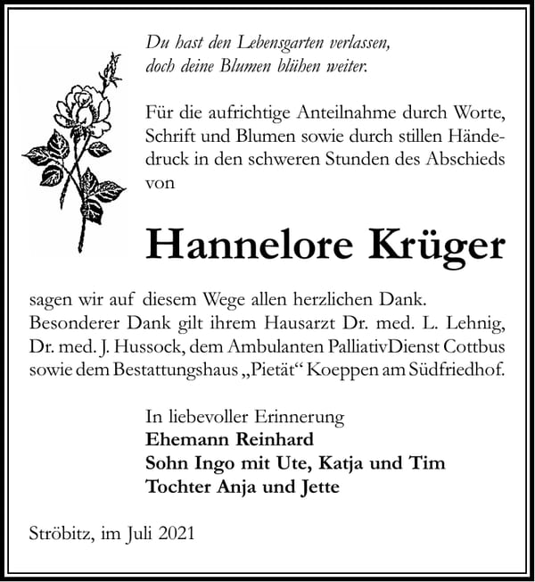 Danksagung Hannelore Krüger