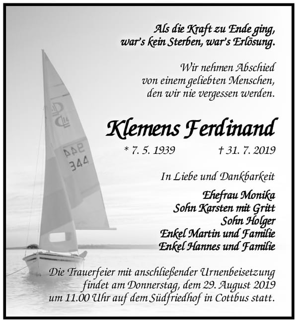 Traueranzeige Klemens Ferdinand