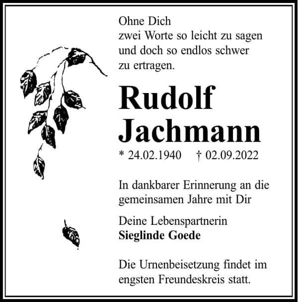 Traueranzeige Rudolf Jachmann