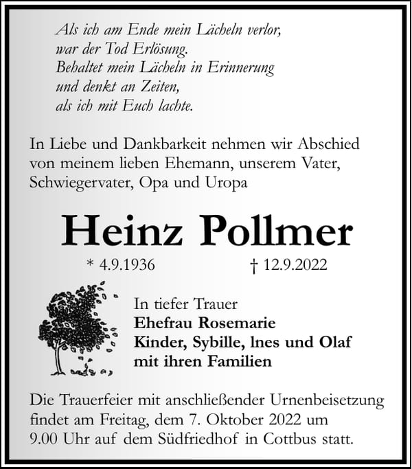 Traueranzeige Heinz Pollmer