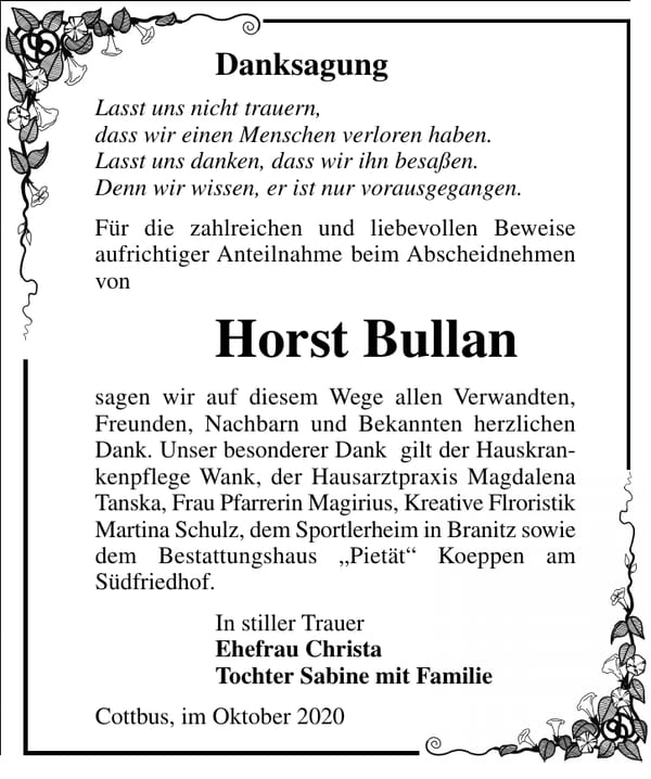 Danksagung Horst Bullan