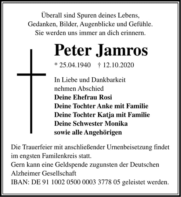 Traueranzeige Peter Jamros