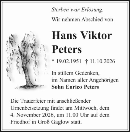 Traueranzeige Hans Viktor Peters