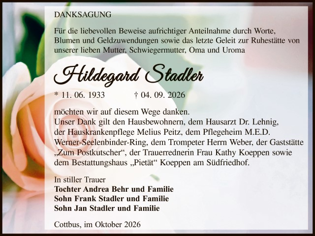 Danksagung Hildegard Stadler