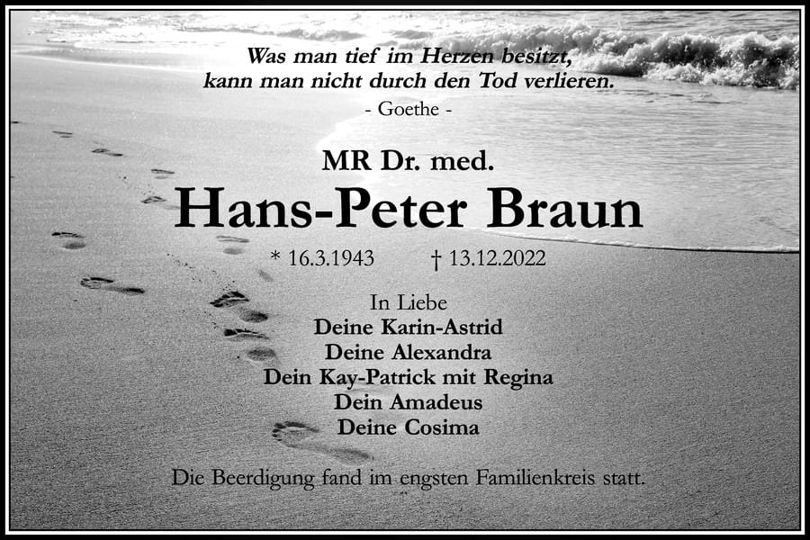 Traueranzeige MR Dr. med. Hans-Peter Braun