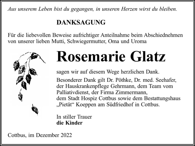 Danksagung Rosemarie Glatz