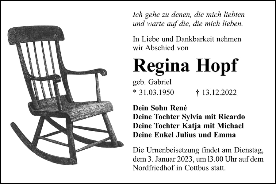Traueranzeige Regina Hopf, geb. Gabriel