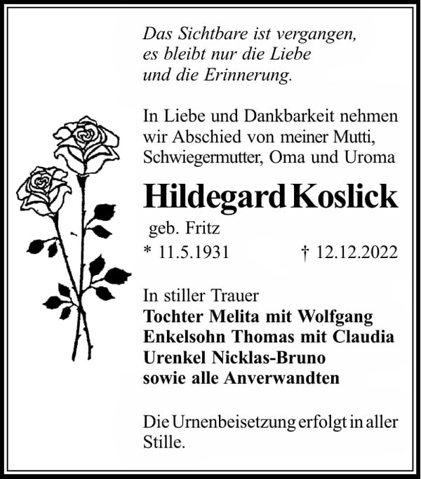 Traueranzeige Hildegard Koslick, geb. Fritz