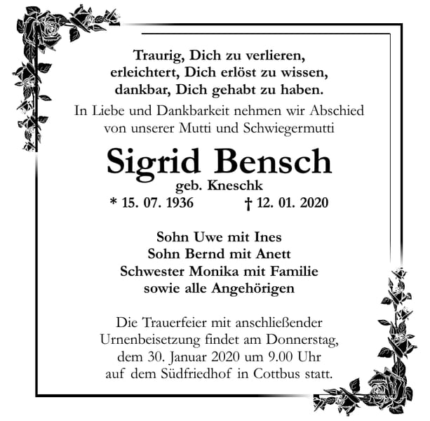 Traueranzeige Sigrid Bensch, geb. Kneschk