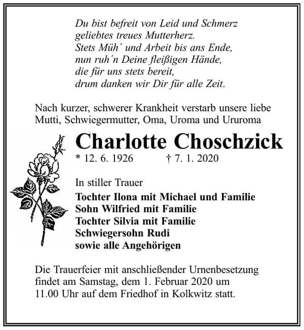Traueranzeige Charlotte Choschzick