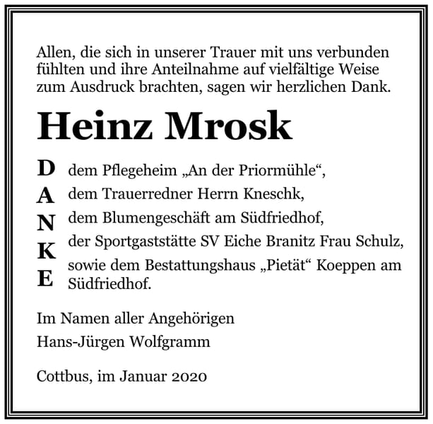Danksagung Heinz Mrosk
