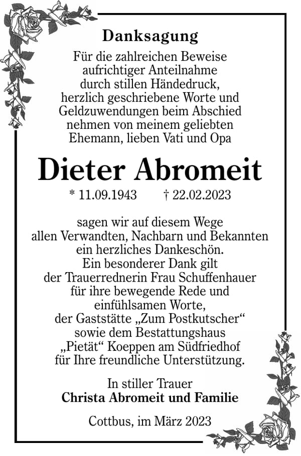 Danksagung Dieter Abromeit