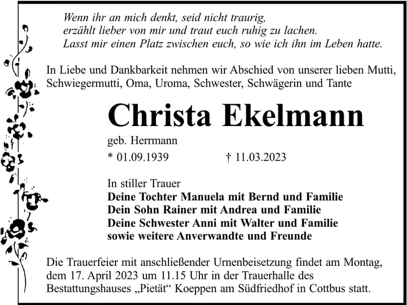 Traueranzeige Christa Ekelmann, geb. Herrmann