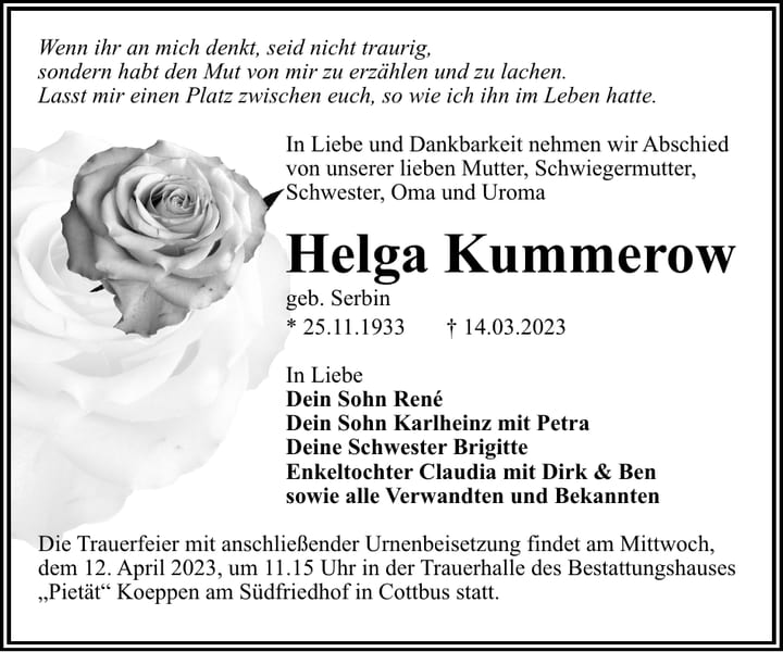 Traueranzeige Helga Kummerow, geb. Serbin