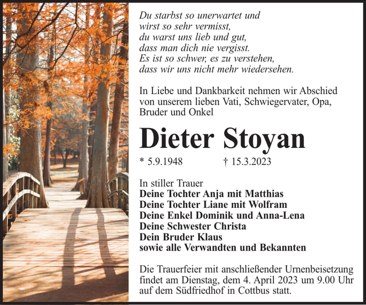 Traueranzeige Dieter Stoyan