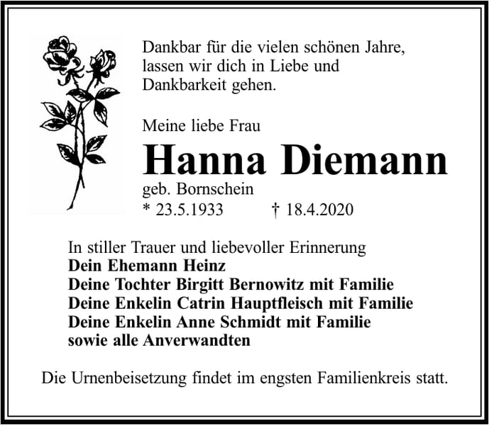 Traueranzeige Hanna Diemann, geb. Bornschein