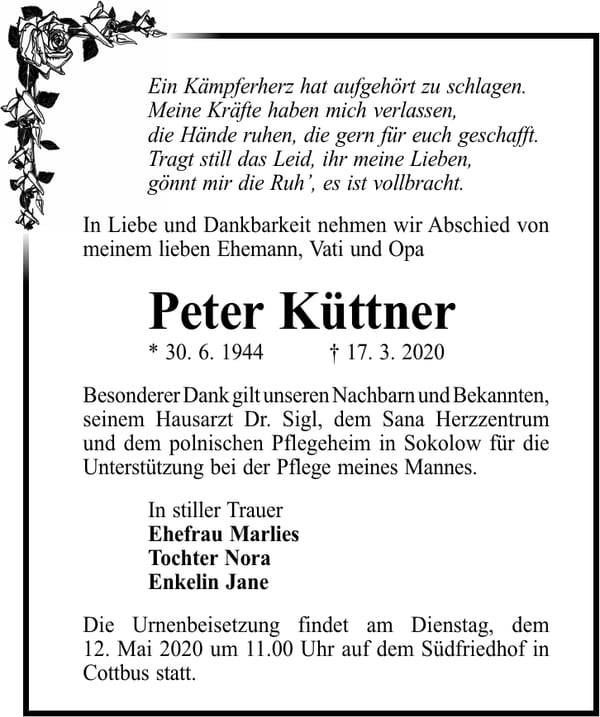 Traueranzeige Peter Küttner