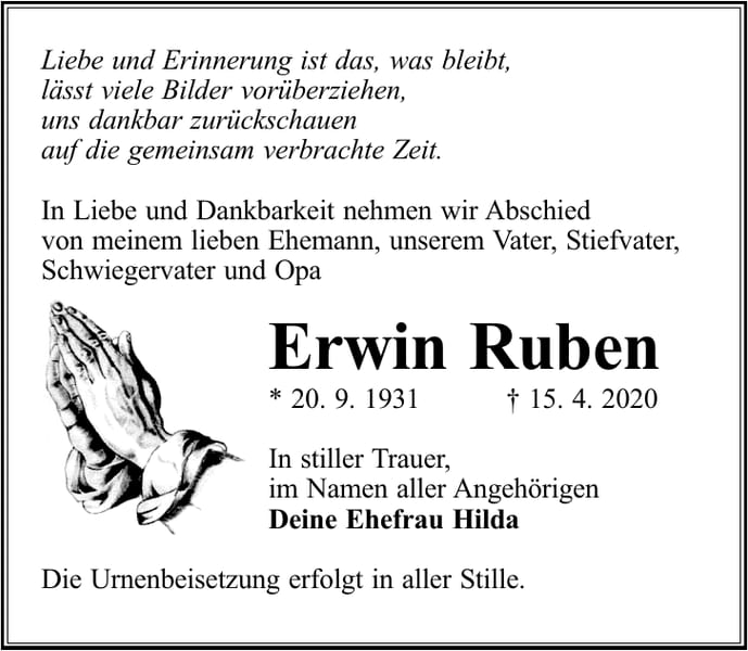 Traueranzeige Erwin Ruben