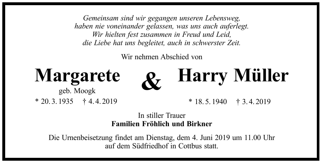 Traueranzeige Margarete Harry Müller, geb. Moogk
