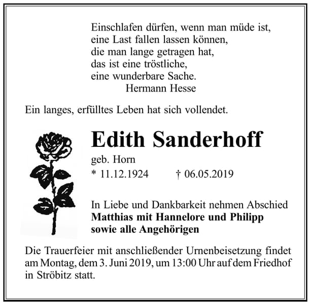 Traueranzeige Edith Sanderhoff, geb. Horn