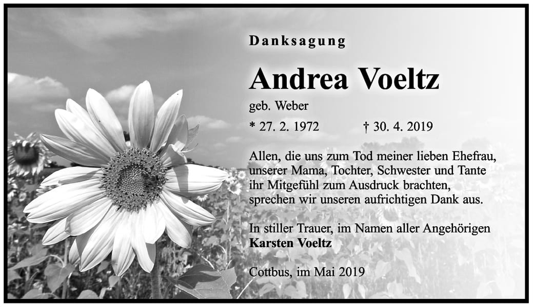 Danksagung Andrea Voeltz, geb. Weber
