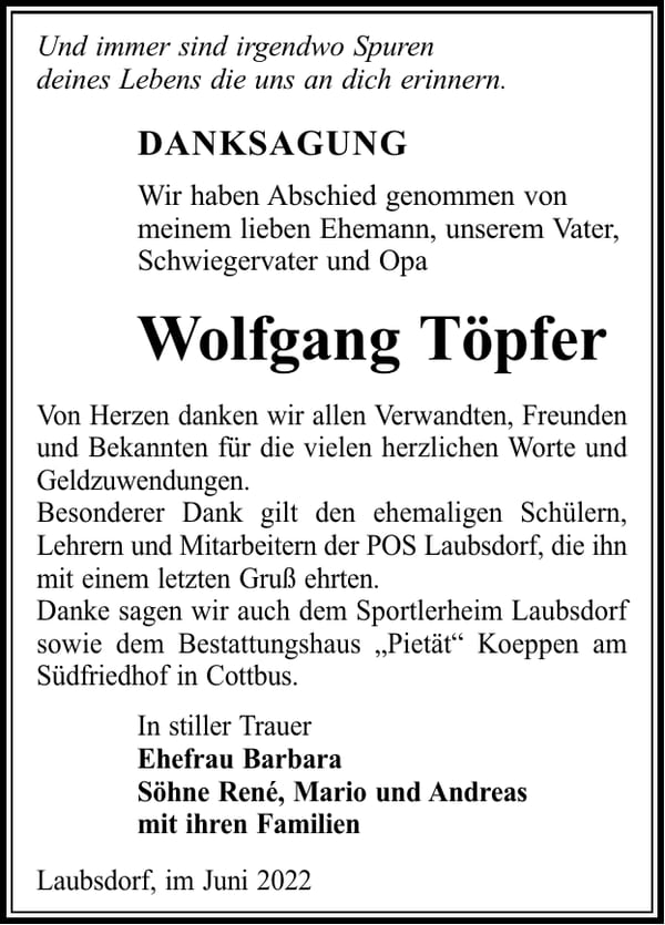 Danksagung Wolfgang Töpfer