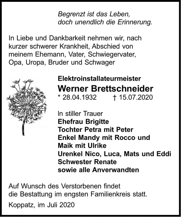 Traueranzeige Werner Brettschneider