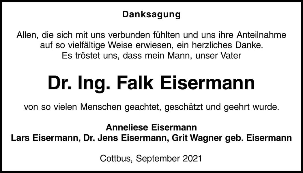Danksagung Dr. Ing. Falk Eisermann, geb. Eisermann