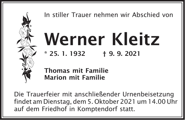 Traueranzeige Werner Kleitz