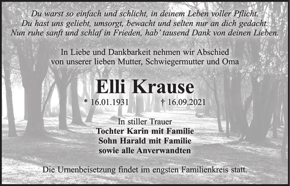 Traueranzeige Elli Krause