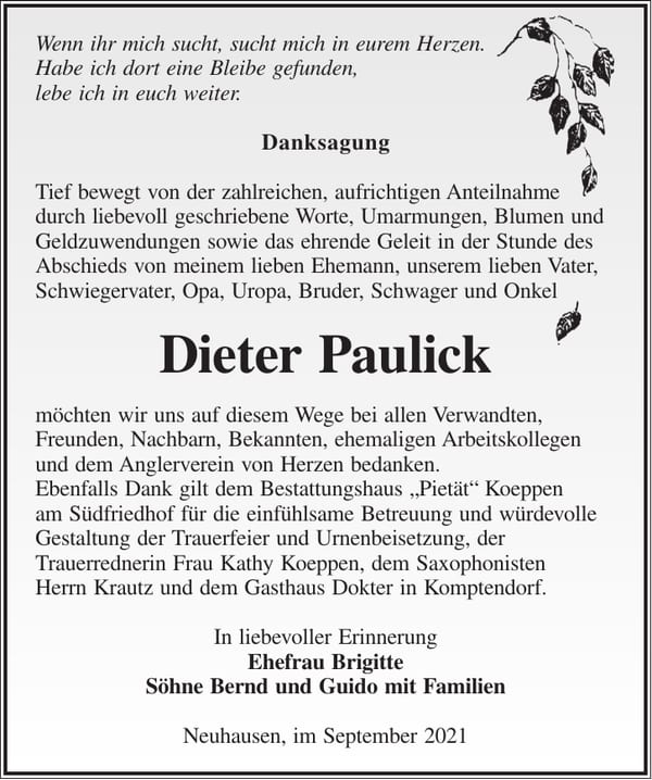 Danksagung Dieter Paulick