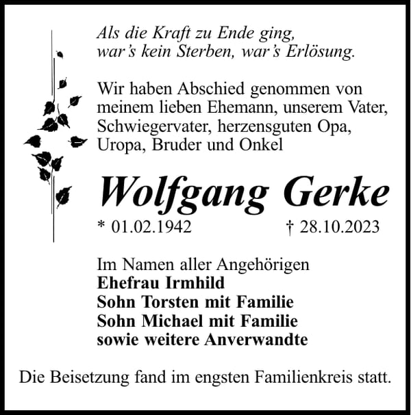 Traueranzeige Wolfgang Gerke