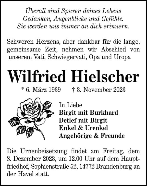 Traueranzeige Wilfried Hielscher