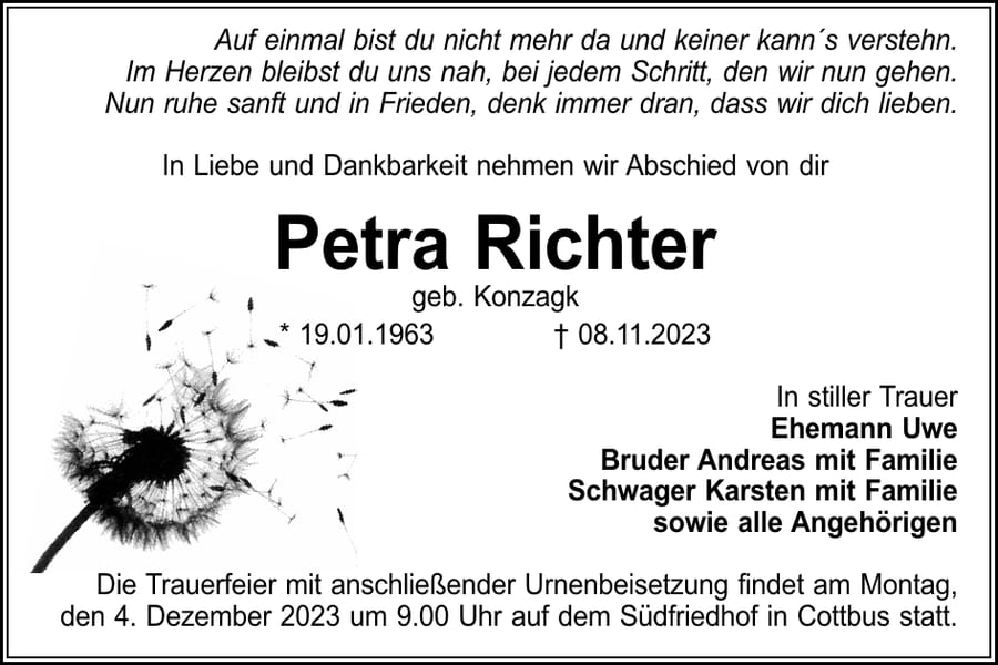 Traueranzeige Petra Richter, geb. Konzagk