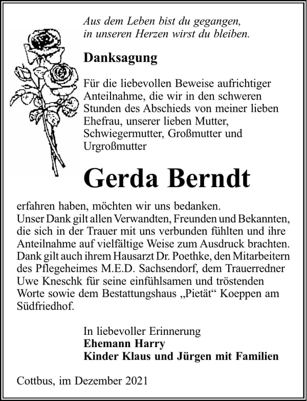 Danksagung Gerda Berndt
